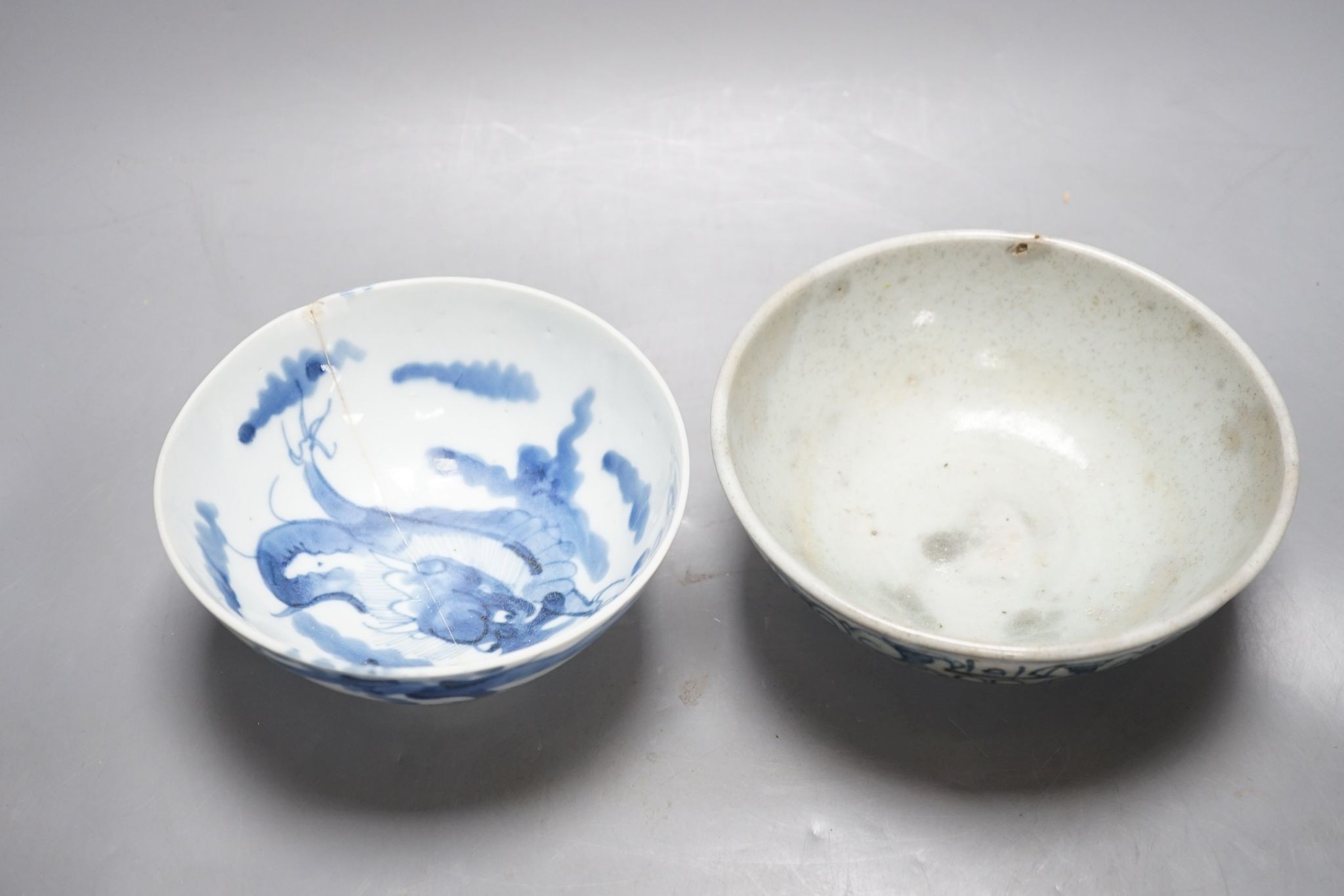 Two Chinese blue and white bowls, largest 16cms diameter.